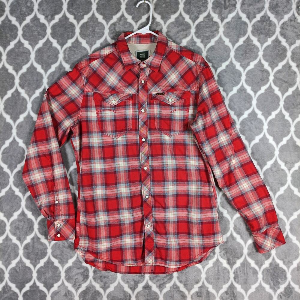 G Star Raw Western Shirt Men Size XL Rust Red Plaid Pearl Snap Urban Cowboy